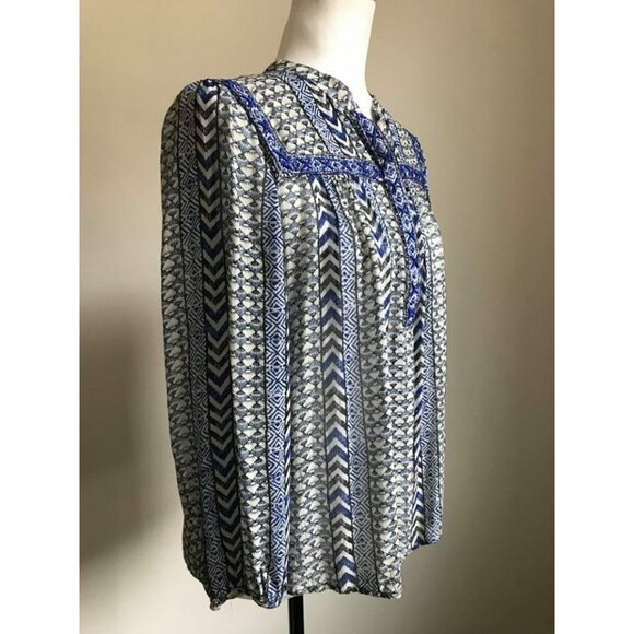 LUCKY BRAND Semi Sheer Blouse Top Size Small Blue Boho Peasant Beaded Detail - Picture 4 of 8